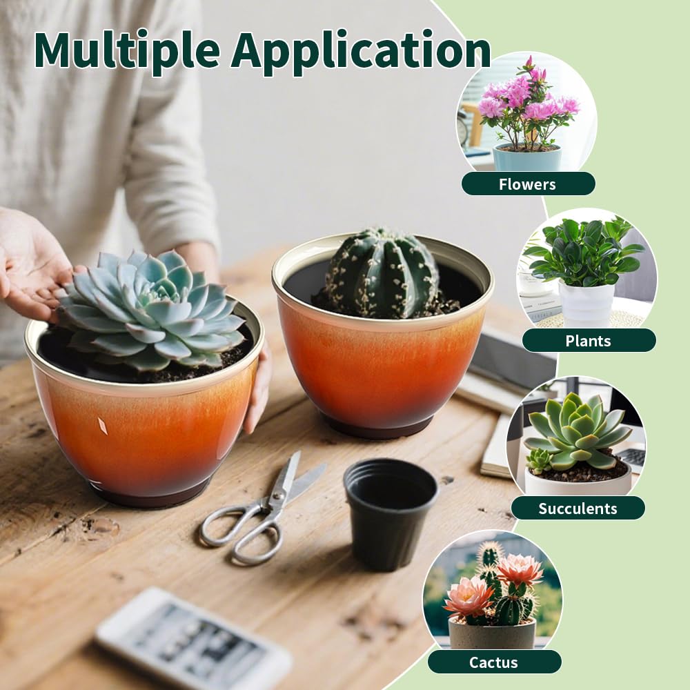 Vanslogreen 8 Inch Plant Pots with Drainage Hole, 4 Pack Plastic Flower Pots, Modern Sleek Decorative Planter for Indoor Outdoor Plants Succulent Snake (Orange)