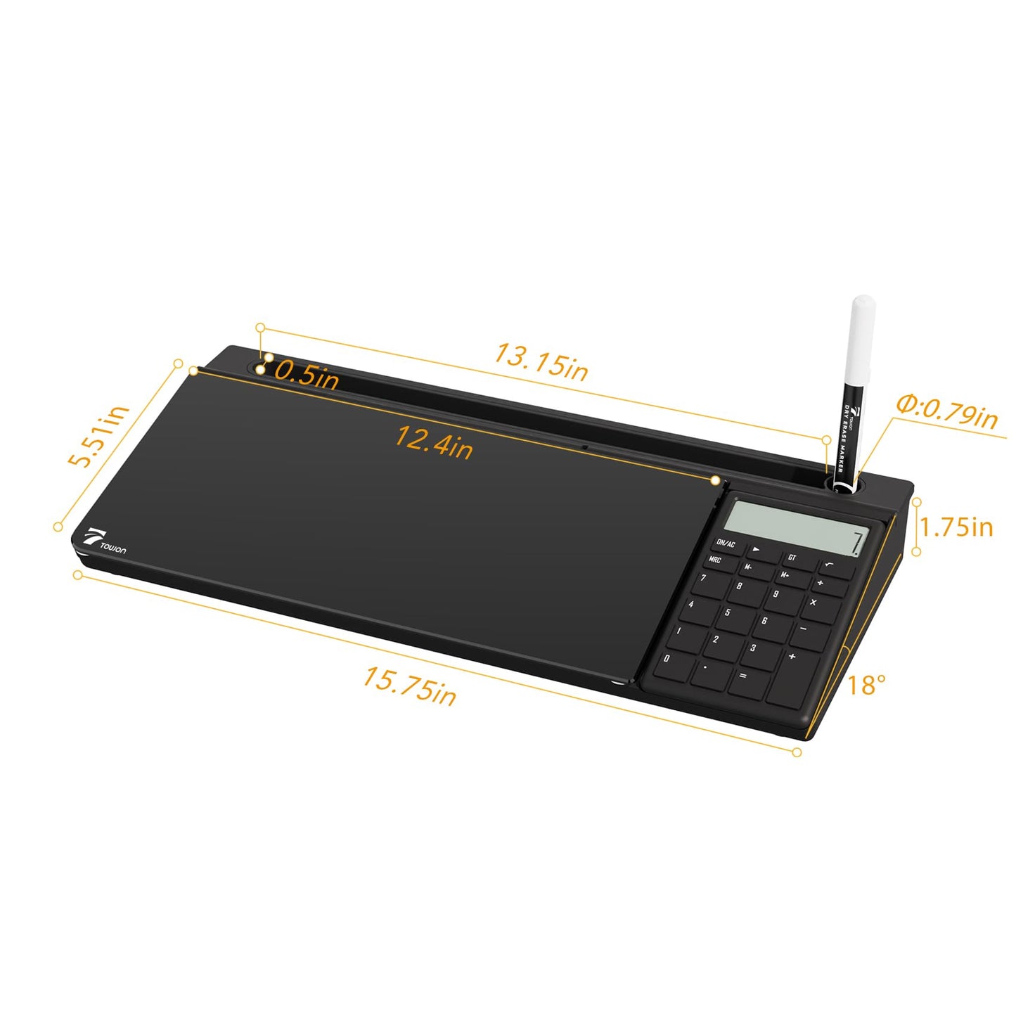 TOWON Desktop Glass Whiteboard with Basic Calculator, 12 Digit LCD Display, Desk Organizers with Accessories for Office, Home, School Supplies, Storage with Dry Erase Board Surface, Black, 17'' x 6''