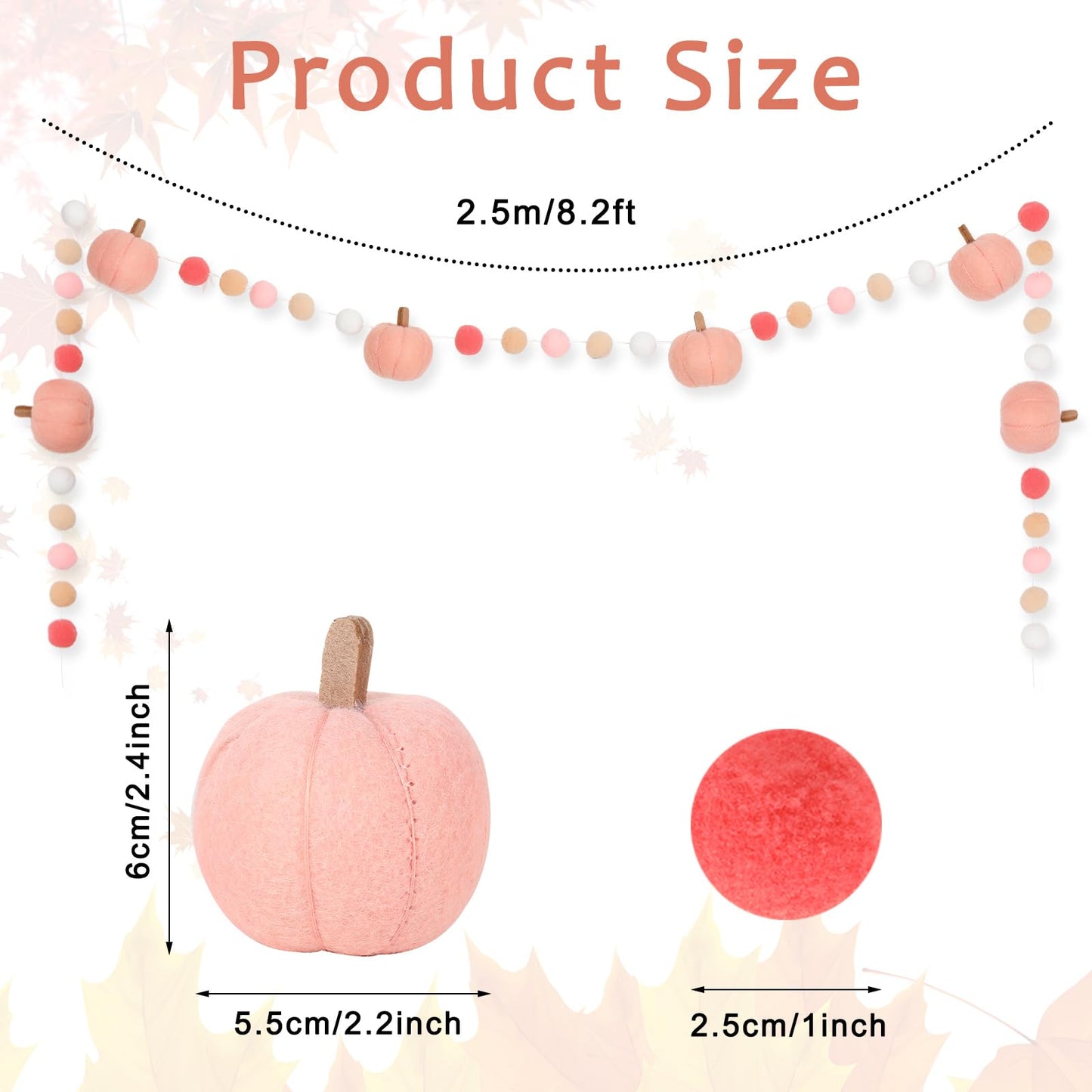 Whaline 8.2Ft Fall Felt Ball Garland Pink Pumpkin Pom Pom Hanging Banner Harvest Pumpkin Felt Ball Garland Cute Autumn Decor for Fall Thanksgiving Festive Party Home Mantel Wall Window