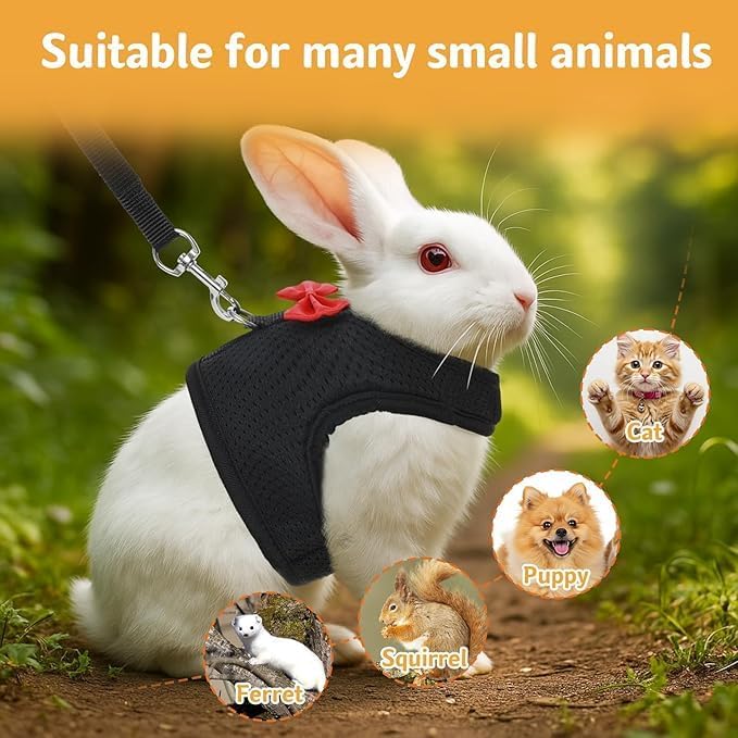 Light Blue Rabbit Harness and Leash Set, with Cute Bow Soft Breathable Mesh Bunny Vest Harness for Rabbits Kitten Ferret Puppy Small Pets Walking, L