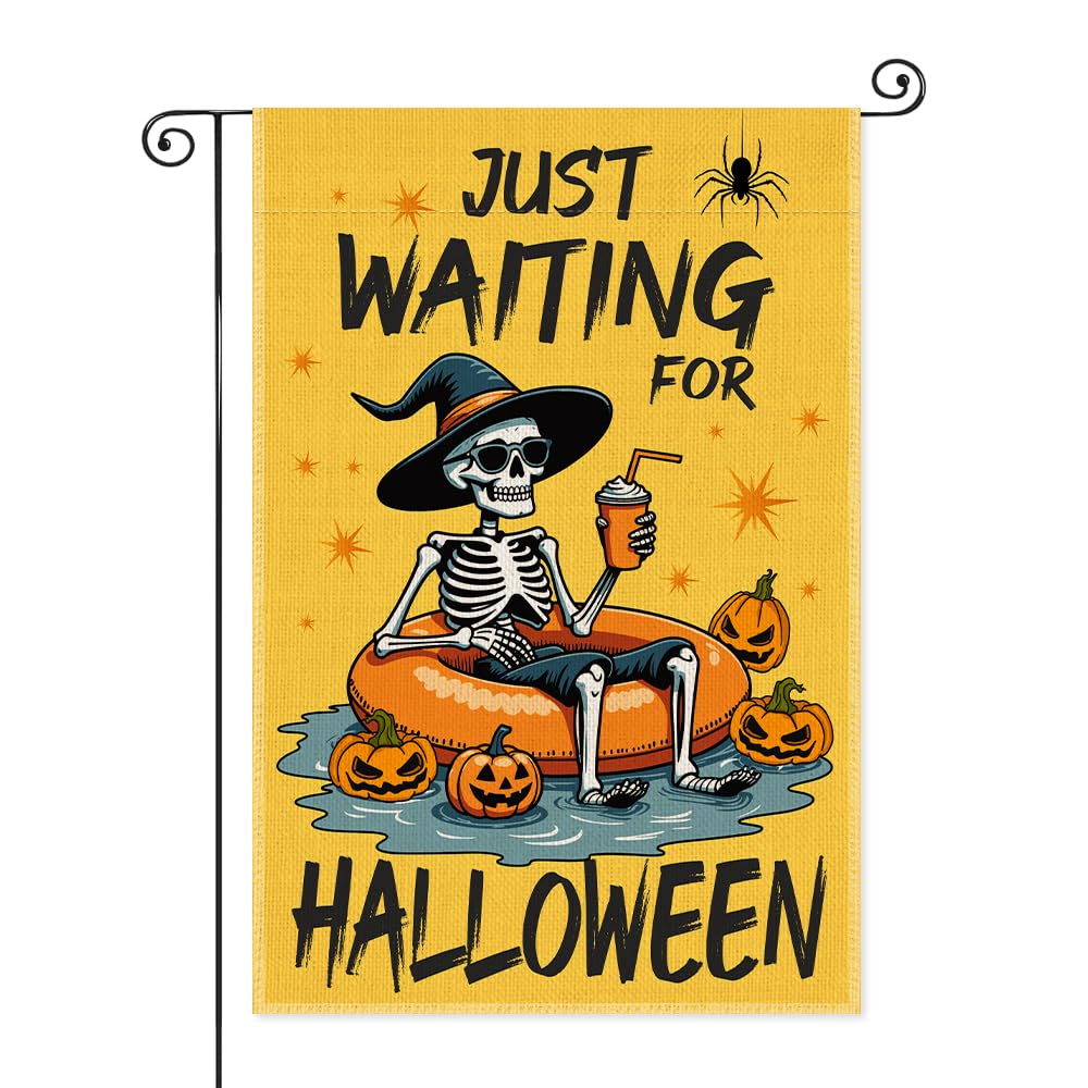 SRWNFOS Just Waiting For Halloween Welcome Garden Flag, 12x18 Inch Double Sided Yard Holiday Party Farmhouse Porch Lawn Outside Decor, Funny Halloween Pumpkin Garden Flag, Gifts for Friend Family