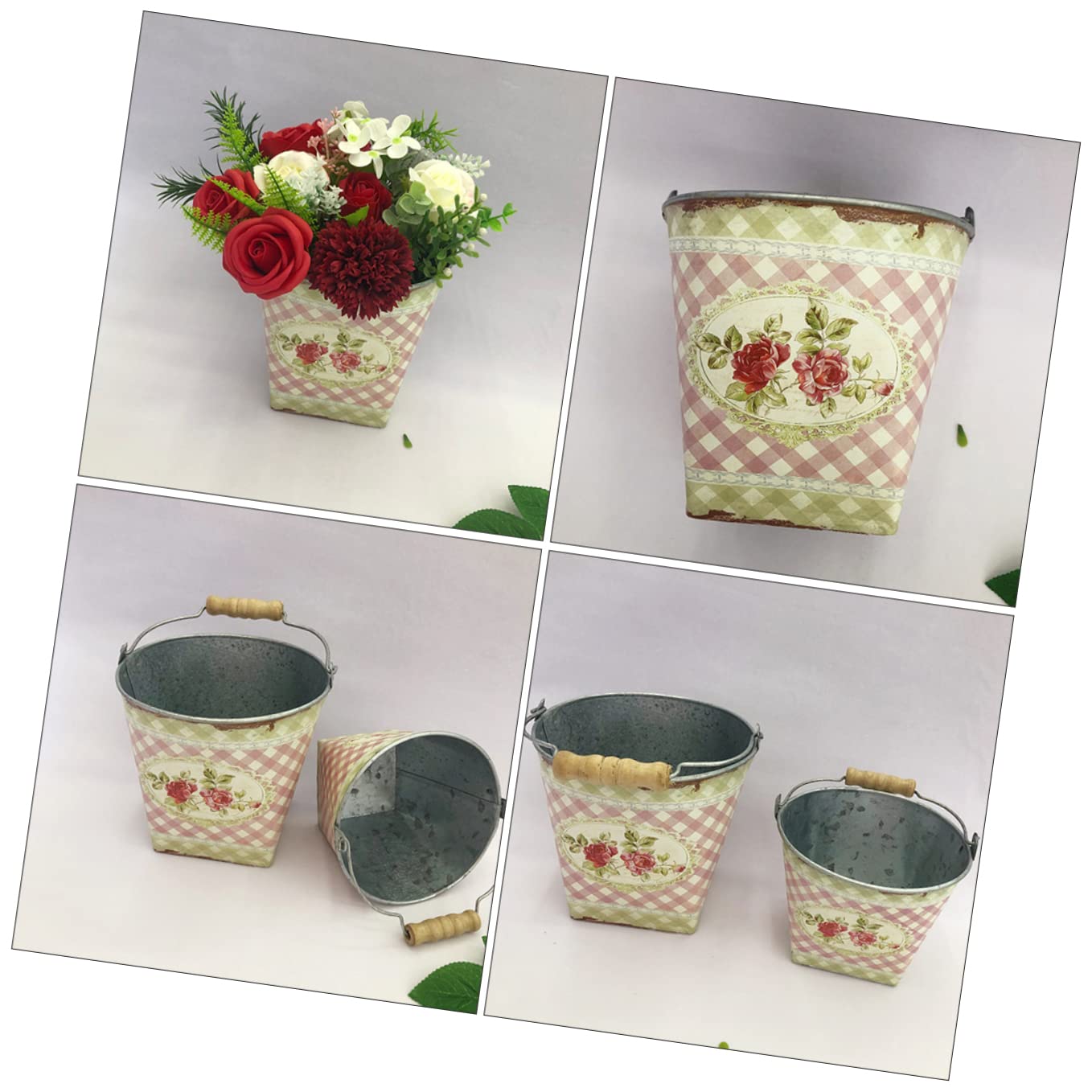 Parliky 2 Pack Metal Flower Buckets with Handle 5.7 Inch Rustic Iron Planters for Garden Patio Balcony Floral Arrangement Containers