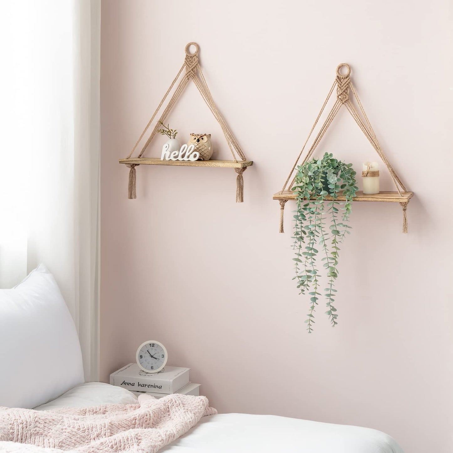 Mkono Macrame Hanging Shelves Boho Wall Decor Set of 2 Rustic Wood Floating Storage Shelf for Bedroom Bathroom Living Room Nursery Dorm Room, Display Shelving for Hanging Plants Photos