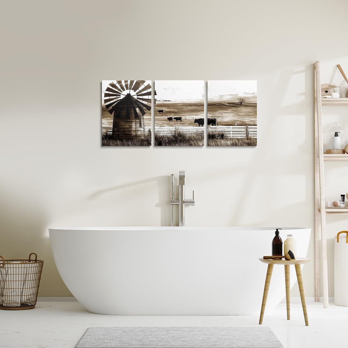 jejeloiu Rustic Windmill Canvas Wall Art for Living Room Bedroom 12"x16"x3pcs Western Cow Grass Picture Wall Decor for Bathroom Retro Farmhouse Office Decorations Artwork Posters Farm Nursery Painting