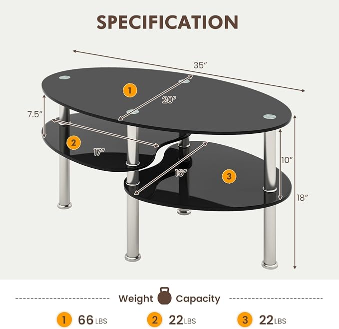 Tangkula Glass Coffee Table, 2-Tier Modern Oval Smooth Glass Tea Table End Table