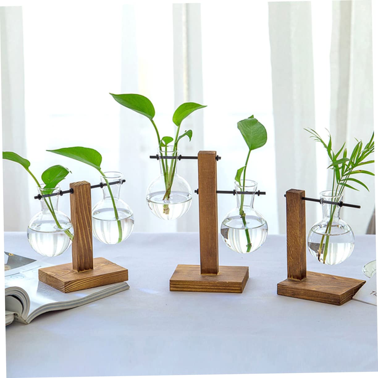 Hemoton 2pcs Hydroponic Glass Vase Wooden Base Stand Modern Plant Terrarium Tabletop Vase for Indoor Gardening Stylish