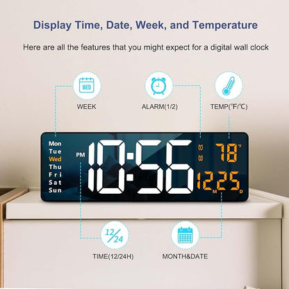 Digital Wall Clock Large Display, 16.2 Inch , LED Digital Clock with Remote Control for Living Room Decor, Automatic Brightness Dimmer with Date Week Temperature (Orange)