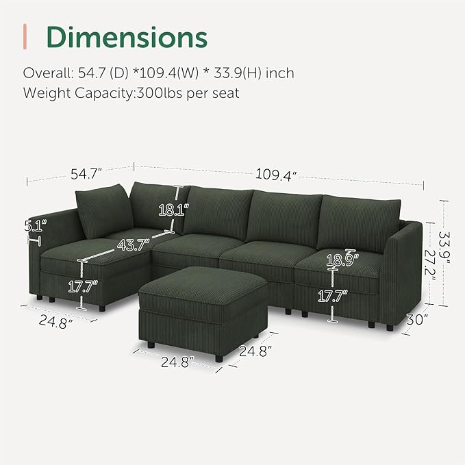 HONBAY Modular Sectional Sleeper Sofa Green Couch L Shaped Sectional Sofa