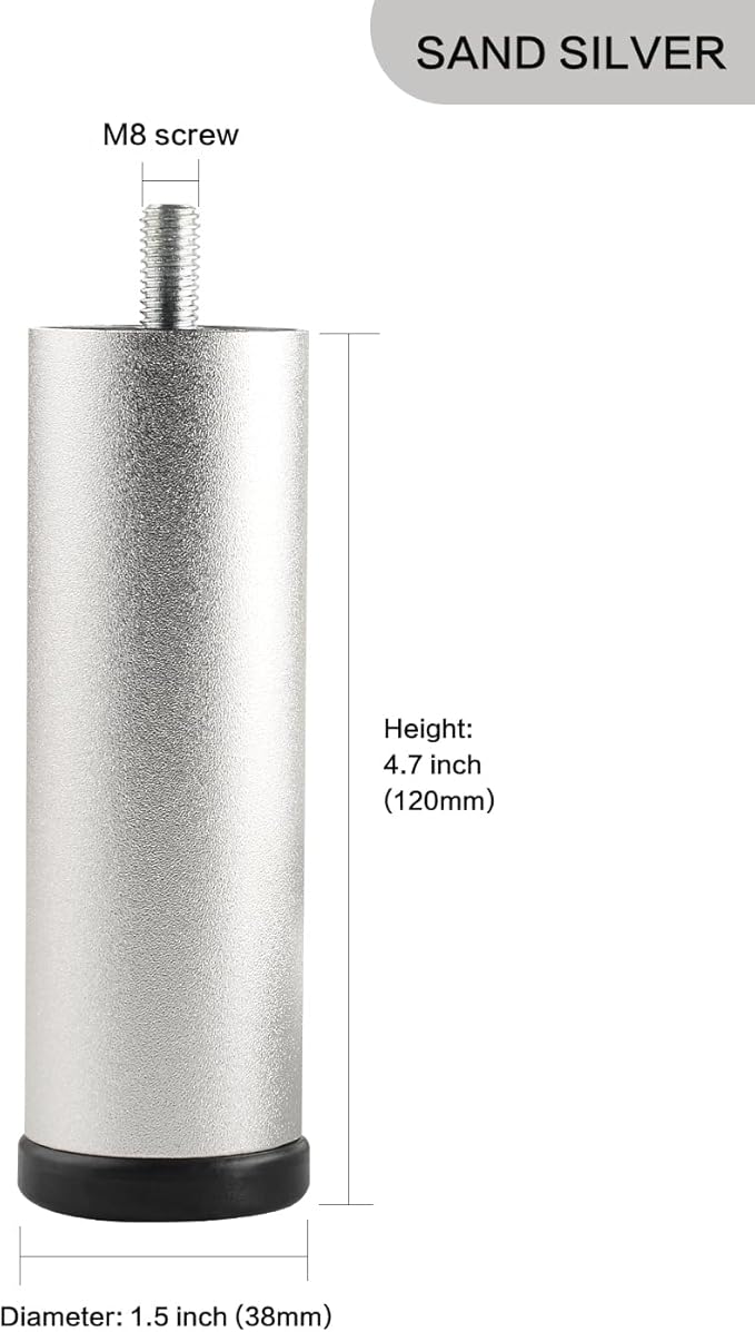 Furniture Support Legs Silver 4.7 Inch Couch Legs Screw in M8 Replacement End