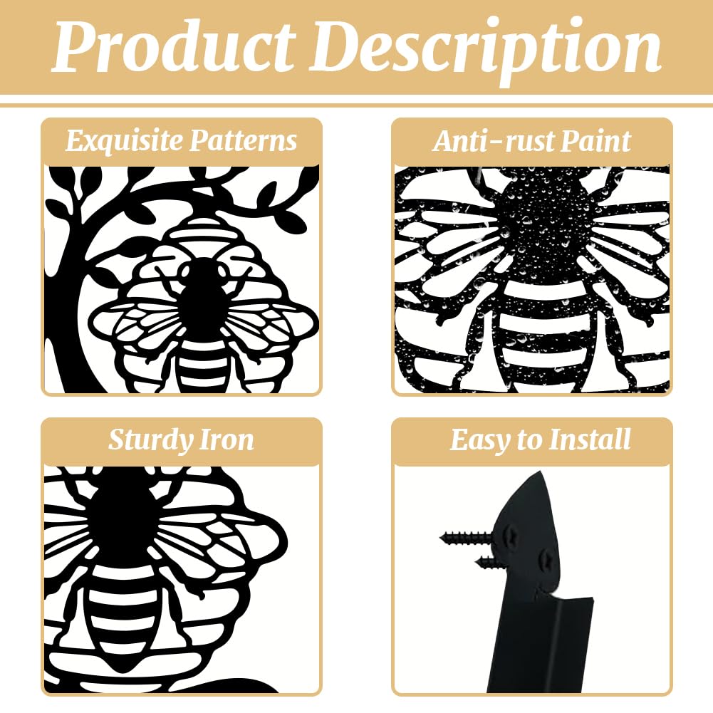peacoblue Iron Plant Hangers Hooks 11.6"x15.2" for Outdoor Indoor Hanging Plants Flower Fern Pots Lantern Bird Feeder, Weather Resistant Metal Wall Holder for Porch Garden(Bee with Beehive on Branch)