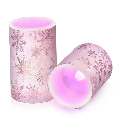 senya Christmas Lights Flameless Candles Seamless Pattern Rose Gold Snowflakes Pillar Candles Set of 2 Battery Operated Remote Control Warm Lights Home Decor