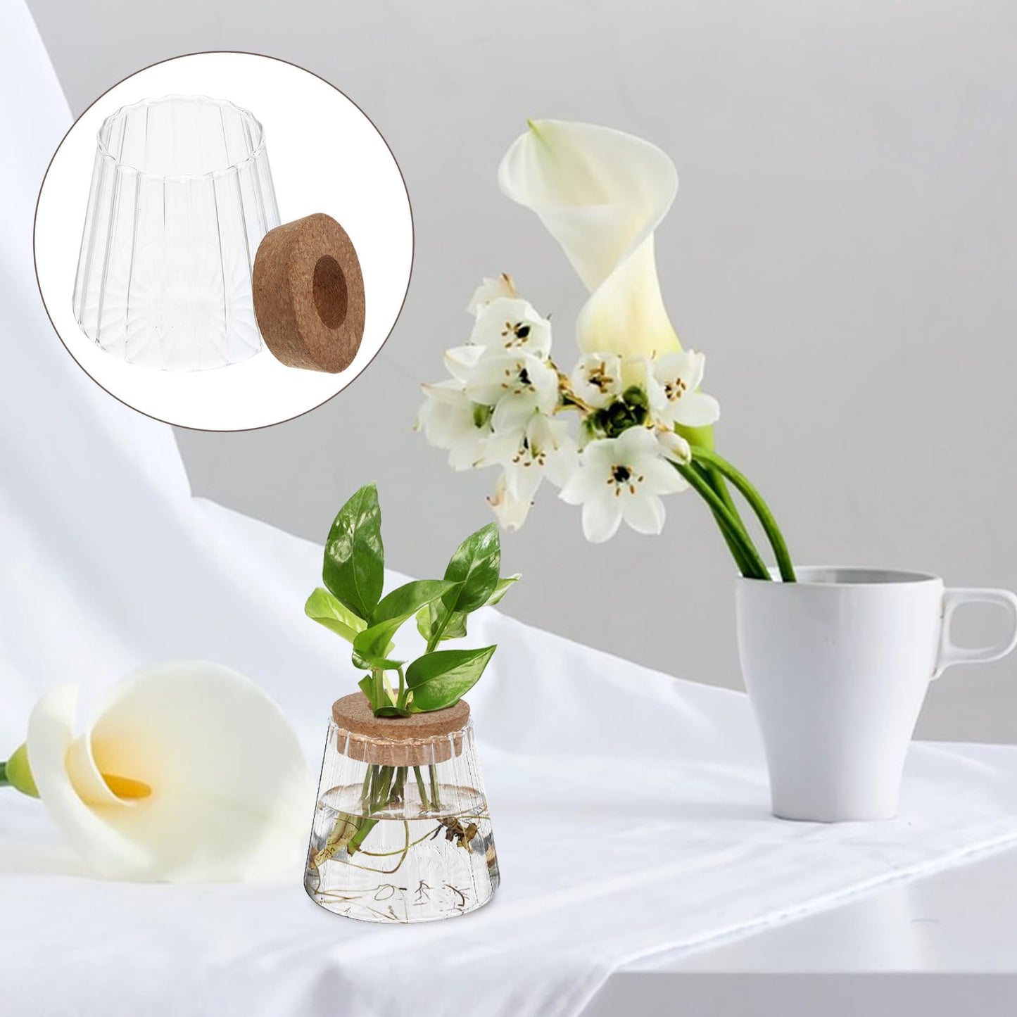 Toyvian 3pcs Hydroponic Plant Vases with Smooth, Hammered, and Vertical Textured Volcanic Glass and Wooden Stoppers for Indoor Propagation, Desktop Terrarium, and Office Plant Accessories