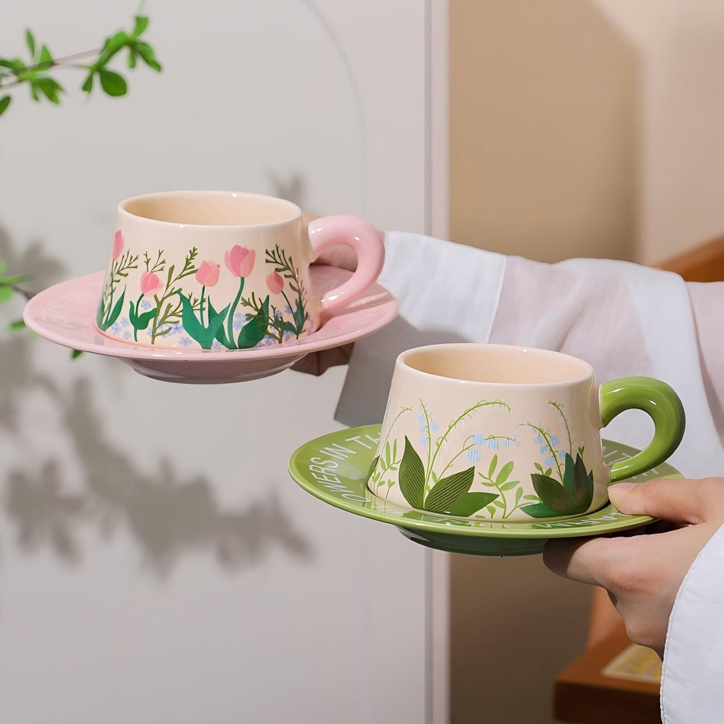 EWCEFIC Cute Ceramic Coffee Mug and Saucer Set for Women, Spring Floral Embossed Design, 9.5oz/280ml, Perfect for Home, Office & Holiday Gifts (Pink Tulip)