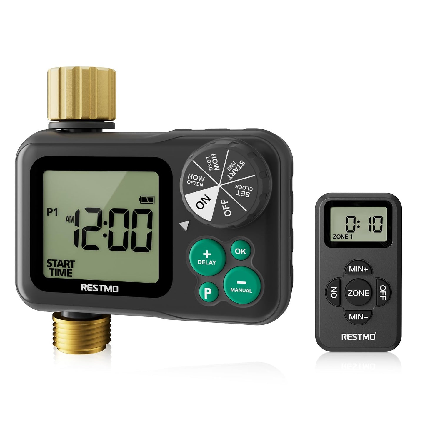 RESTMO Remote Control Brass Sprinkler Timer for Outdoor Hose Faucet, Up to 11h59m Programmable Watering Timer for Soaker Hose, Misting with Large Dial, Rain Delay/Manual/Automatic Irrigation System