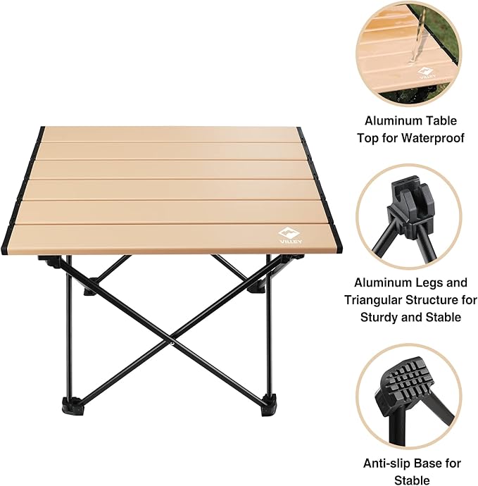 VILLEY Portable Camping Side Table, Ultralight Aluminum Folding Beach Table