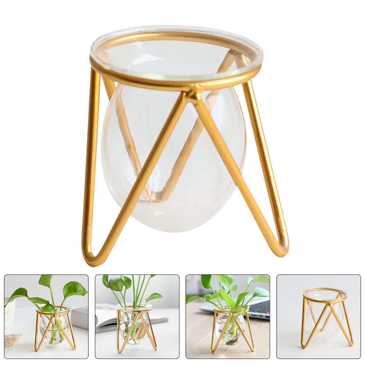Ipetboom Glass Bulb Planter with Metal Stand, Small Gold Hydroponic Vase for Succulent Propagation, Desktop Glass Vase Holder for Indoor Plant Terrarium and Floral Arrangements