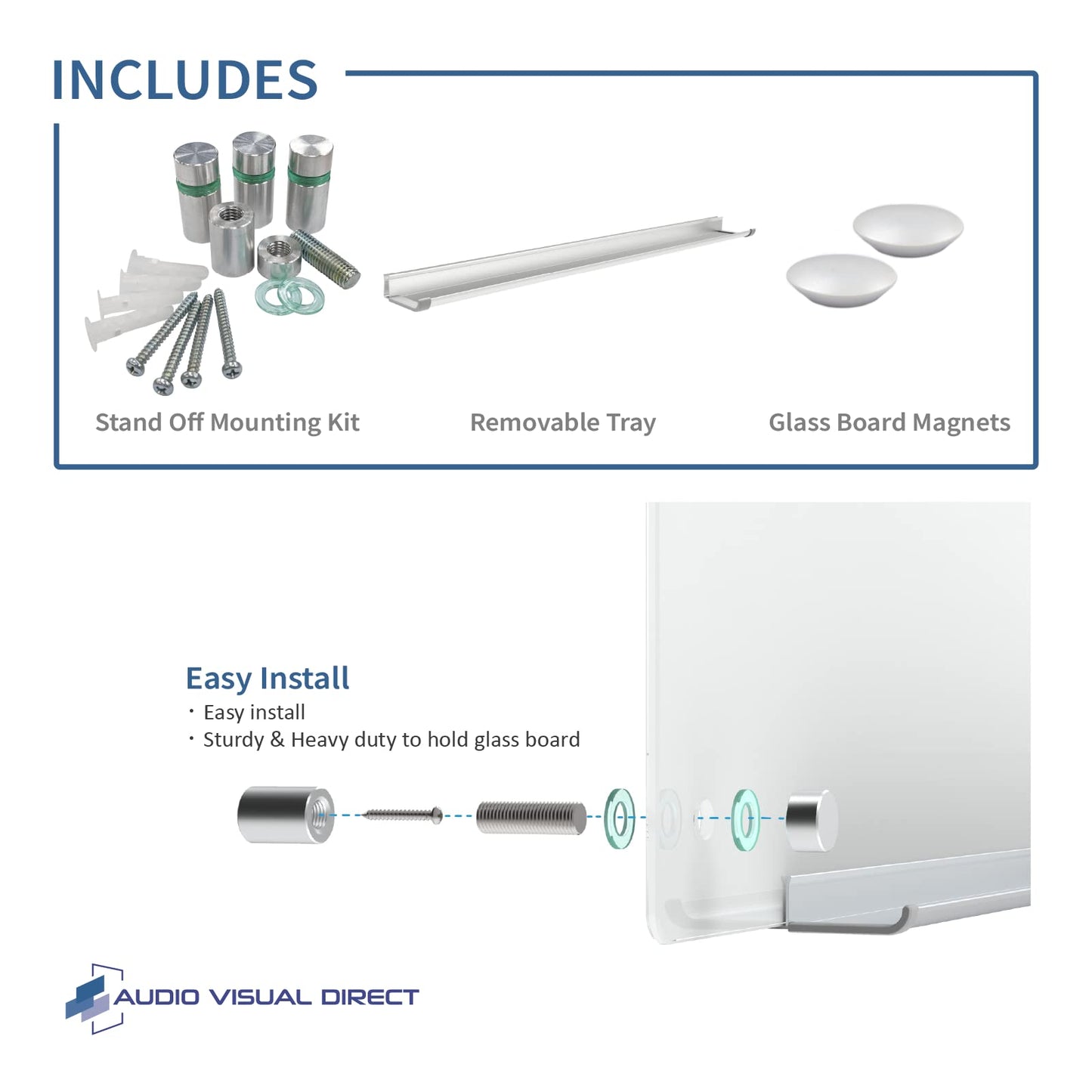 Audio-Visual Direct Magnetic White Glass Dry-Erase Board Set - 2' x 1.5' - Includes Magnets, Hardware & Marker Tray