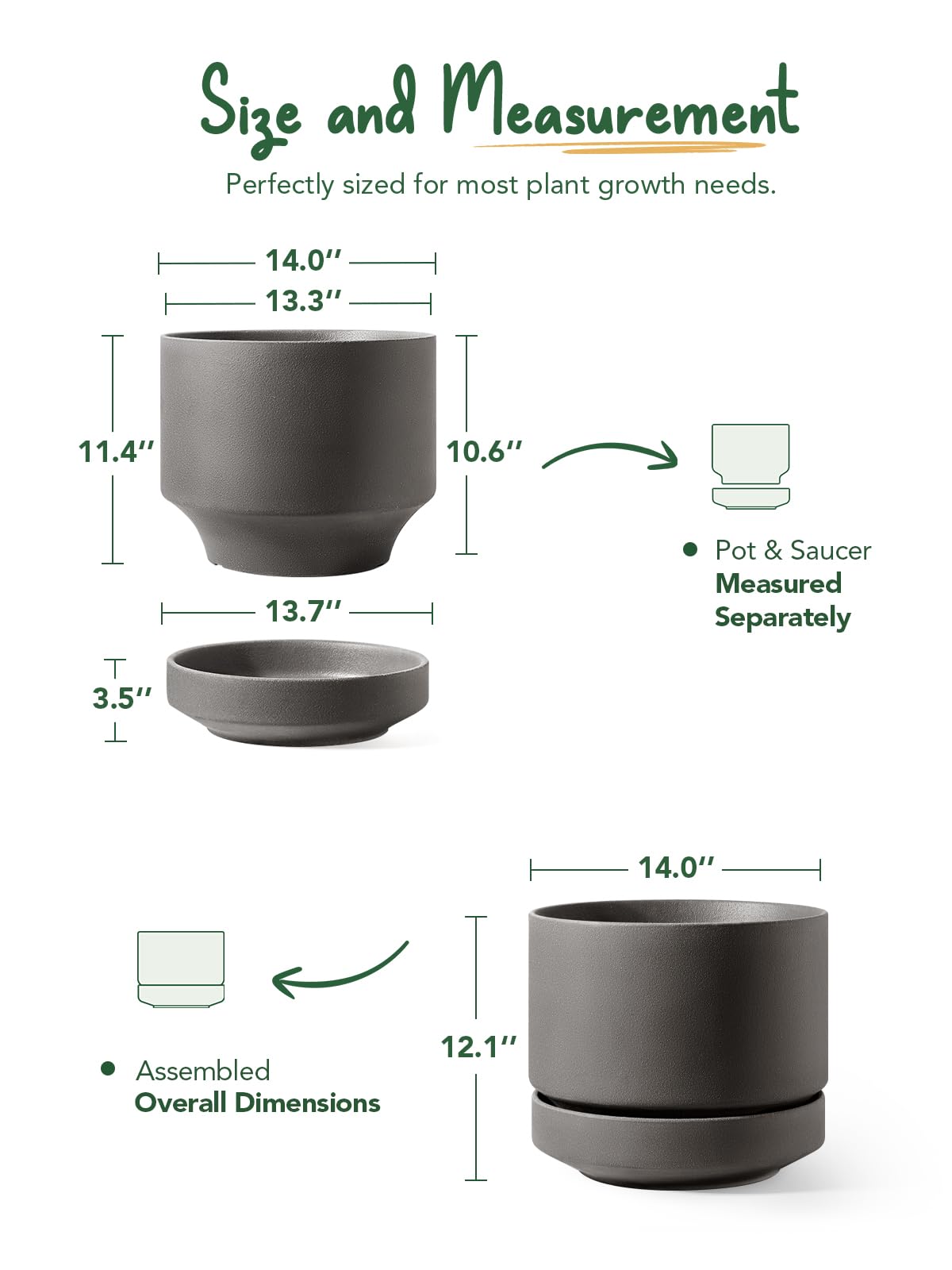 LE TAUCI 14 Inch Large Plant Pot with Saucer, Ceramic Outdoor & Indoor Big Planter with Drainage Hole, Mesh Pad Included, Unglazed Porous, Modern for Home and Patio, Charcoal Gray