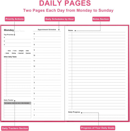 Daily & Monthly Planner for 2025 2026 or Anytime - ADHD Planner Two Pages Per Day, Daily Planner Undated to Increase Focus, Eliminate Overwhelm, Achieve Your Biggest Goals, 5.8'' × 8.3'', Pink