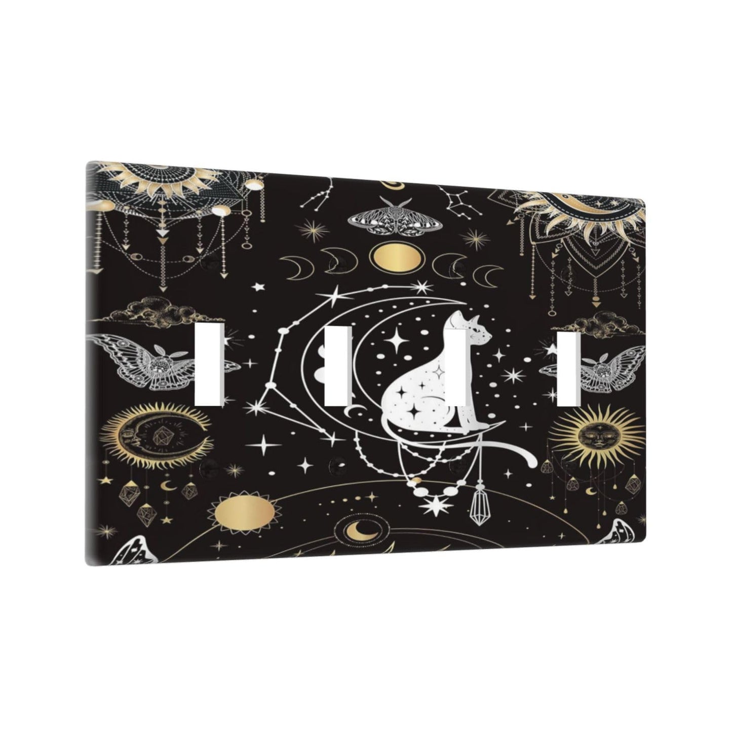 White Cat Tarot Moon Phases Moth Celestial Gothic Light Switch Covers Quad Toggle Electrical Faceplate 4 Gang Wall Plate Decorative Switch Plates Cover for Kids Room Bedroom Decor