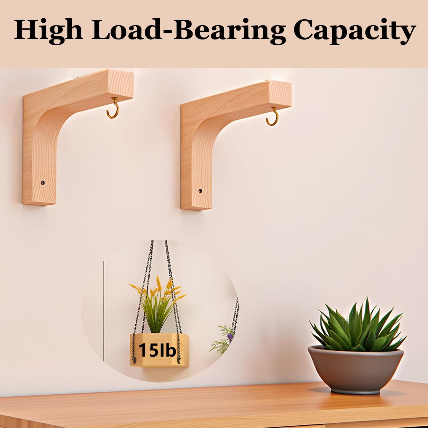 Tritaraesa Wooden Plant Hanger Hooks for Indoor Hanging Plants, Farmhouse Wooden Hanging Baskets for Wall Plant Hooks Heavy Duty for Flower Pots Wind Chimes and Bird Feeders (Upgraded Natural 2 Pack)