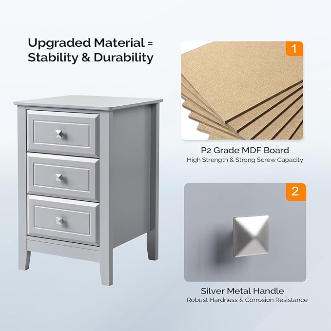 Bonnlo Gray Nightstand with 3 Drawers, Modern Night Stand
