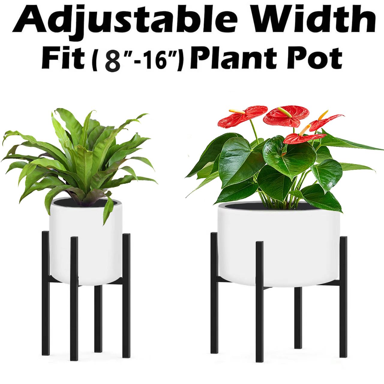 BSTMAI Metal Plant Stand, Adjustable Size Fits 10 12 13 14 15 16 Inches Large Planter Pot,Mid Century Expandable Plant Holder Indoor Outdoor Corner (HeavyBlack, Fits all pots between 8" and 16")