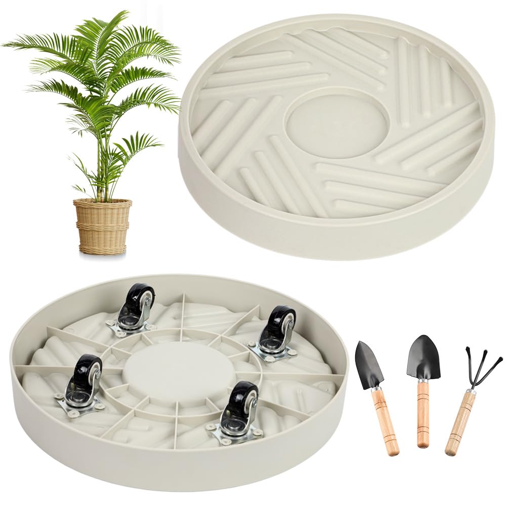 UoeRing 1 Pcs Plant Caddy with Wheels 12 Inch Hidden Wheels Heavy Duty Rolling Plant Stand, Indoor Outdoor Plant Saucer Tray with $9.9 Garden Tools (Beige)