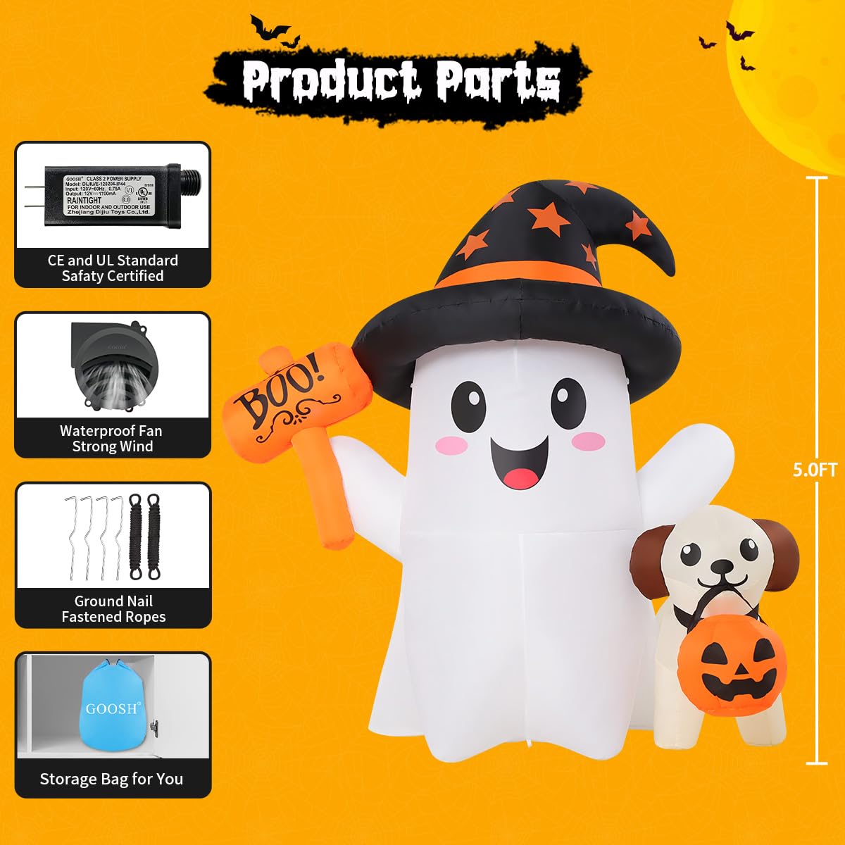 GOOSH 5 FT Halloween Inflatables Ghost Outdoor Decorations Blow Up Cute Ghost and Puppy with Hand-Held Light with Built-in LEDs for Halloween Garden Lawn Party Decor
