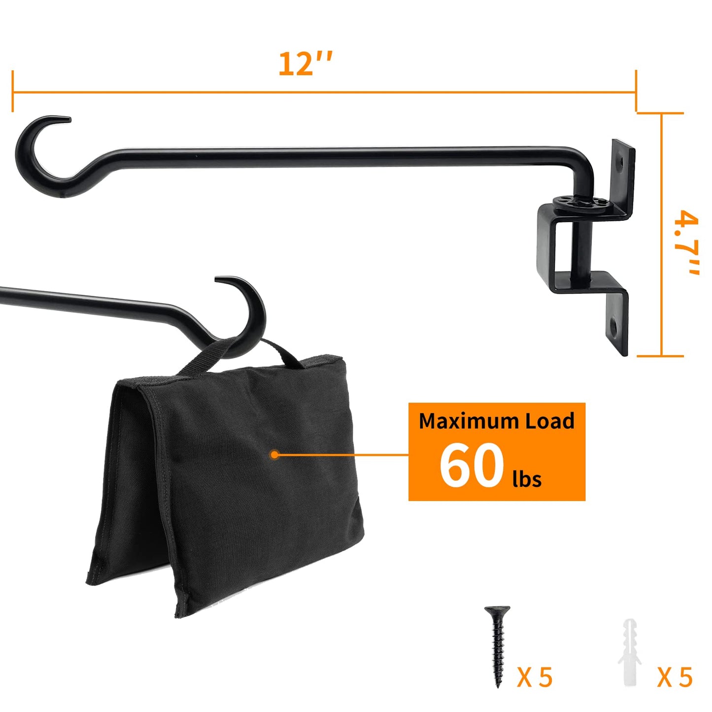 12 inch 2 Pack Swivel Plant Hangers Outdoor Heavy Duty - Black Iron Plant Hanging Hook Bracket for Flowers Baskets Pots Bird Feeder Lanterns Wind Chimes