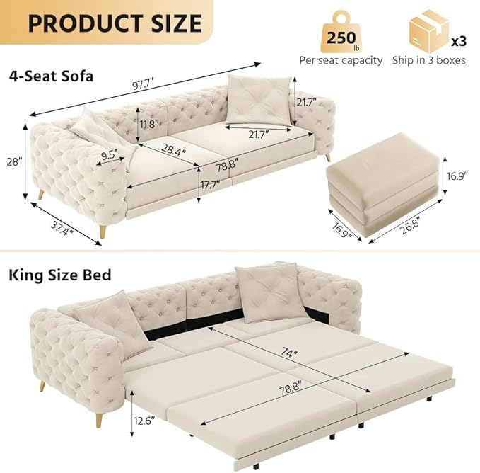 97.7" Convertible Queen Sleeper Sofa