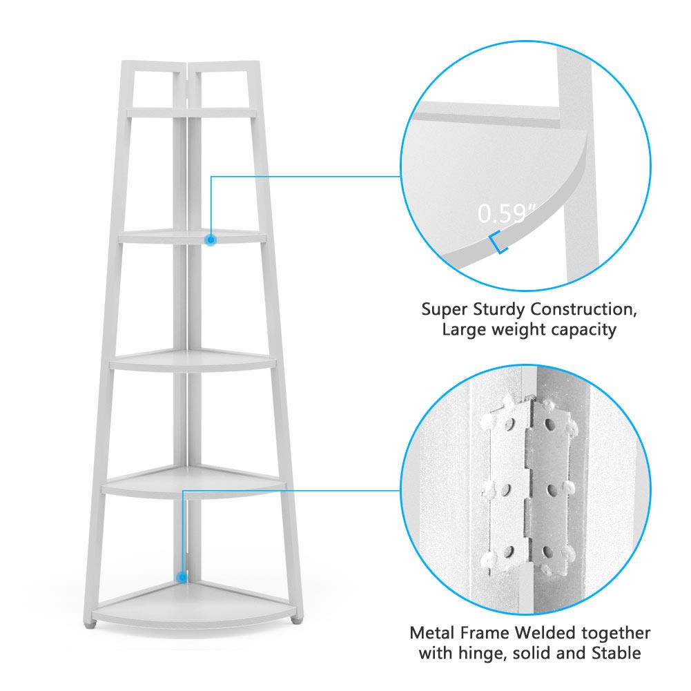 Tribesigns 70 inch Tall Corner Shelf, 5 Tier Modern Corner Bookshelf Bookcase Industrial Corner Ladder Shelf Plant Stand for Living Room, Kitchen, Home Office (White)