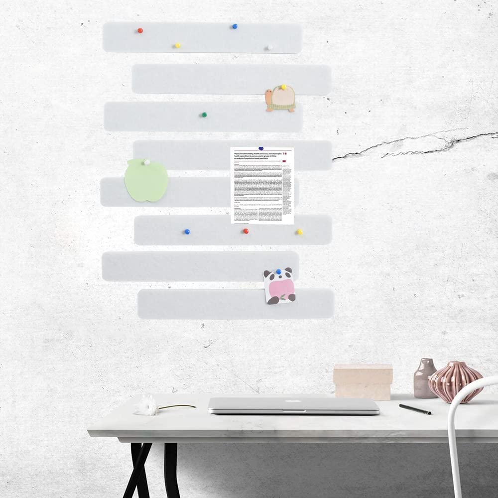 Vuzvuv 8Pcs White Cork Board Bar Strips with 50 Pushpins & Sticky Notes, Self-Adhesive Bulletin Board Strips No Damage for Wall, Felt Pin Board for Paste Notes, Photos, Schedules Office Decor