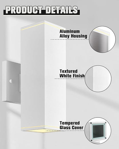 Ken & Ricky Outdoor Wall Lights, Modern Exterior Up and Down Wall Sconces, Square Porch Lights Outdoor Wall with Sanded White Finish - 2 Pack
