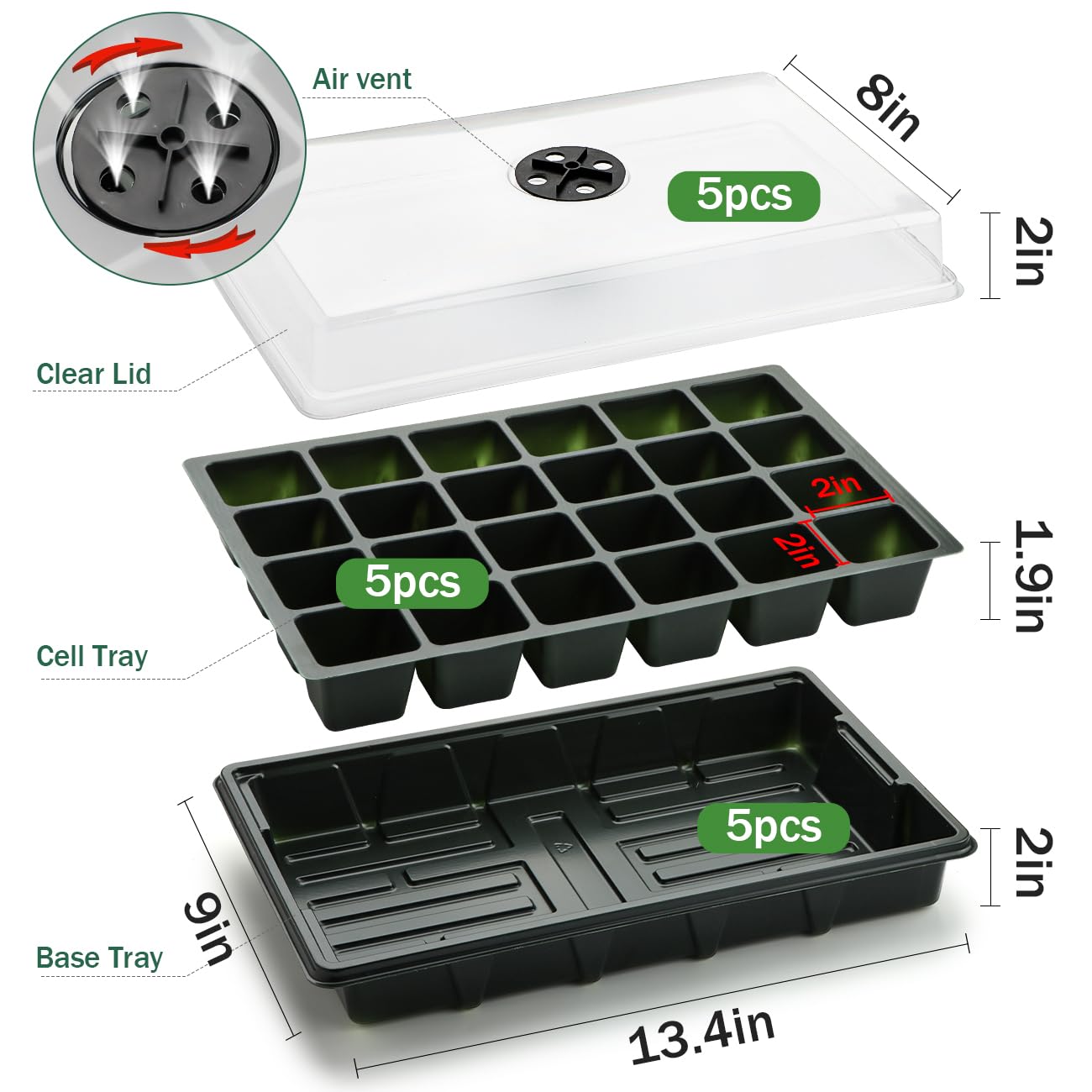 24XL Cell Seed Starter Tray with Dome, 5-Pack 2" Plug Seedling Trays (Total 120 Cells), Plant Germination Tray with Humidity Vented Lid and Base, Mini Propagator Plant Greenhouse for Seed Growing