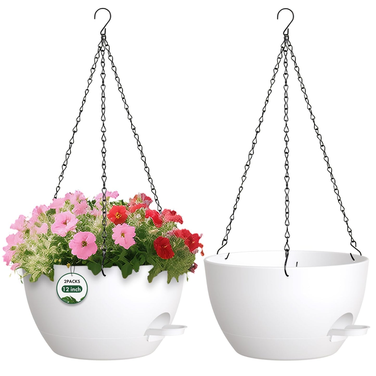 AHJZO 2 Pack 12 Hanging Flower Pots with Chains - Self Watering Plastic Planters for Indoor & Outdoor Plants, Sturdy Triangular Iron Chain Design for Garden PorchPlastic Hanging Flower pots (White)