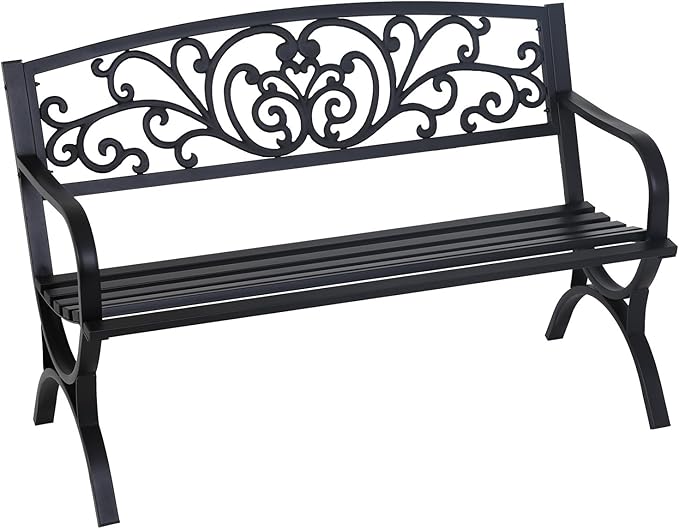 FDW Outdoor 50 Inches Garden Bench, Slatted Seat Armrests Floral Design Backres