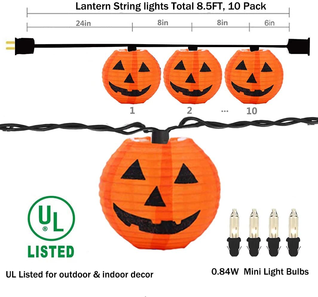 Halloween Pumpkin Lantern Lights Outdoor, 8.5Ft Plug in Orange Halloween Decorations String Light with 10 LED Jack O’ Lantern Lights, Hanging Fairy Lights Waterproof for Yard Party Patio Garden Window