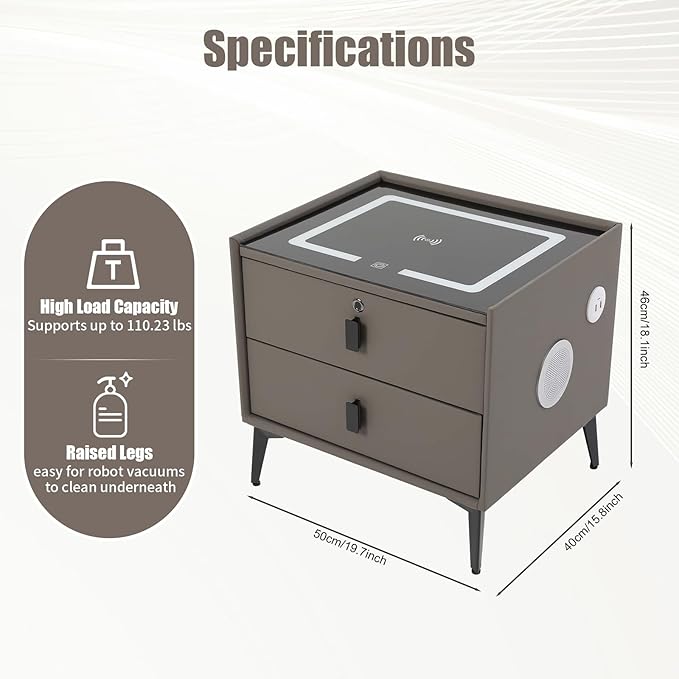 Smart Nightstand with Charging Station, Adjustable LED, USB Ports, Fingerprint