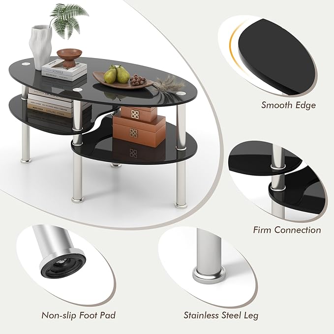 Tangkula Glass Coffee Table, 2-Tier Modern Oval Smooth Glass Tea Table End Table