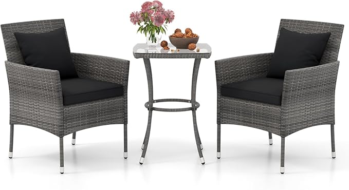 Tangkula 3-Piece Patio Furniture Set, PE Wicker Conversation Bistro Set w/A