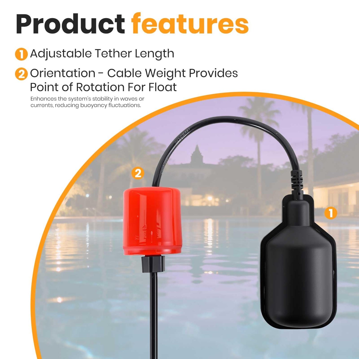 Float Switch (Plugless) IP68-Rated Automatic Water Level Controller,Automatic Level Sensor for Tanks,Septic Tanks, and Sewage Systems, with Counterweight ,Non-Corrosive PP Casing (9.8-Ft)