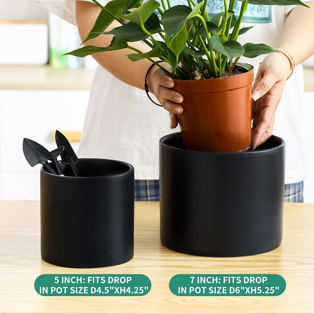Nihow Flower Pot - 5 & 7 Inch Ceramic Planter Pots for Indoor Plants - Herbs/Snake/Succulent/Orchid Cylinder Plant Pot - Matte Black (Set of 2) - Plants not Included