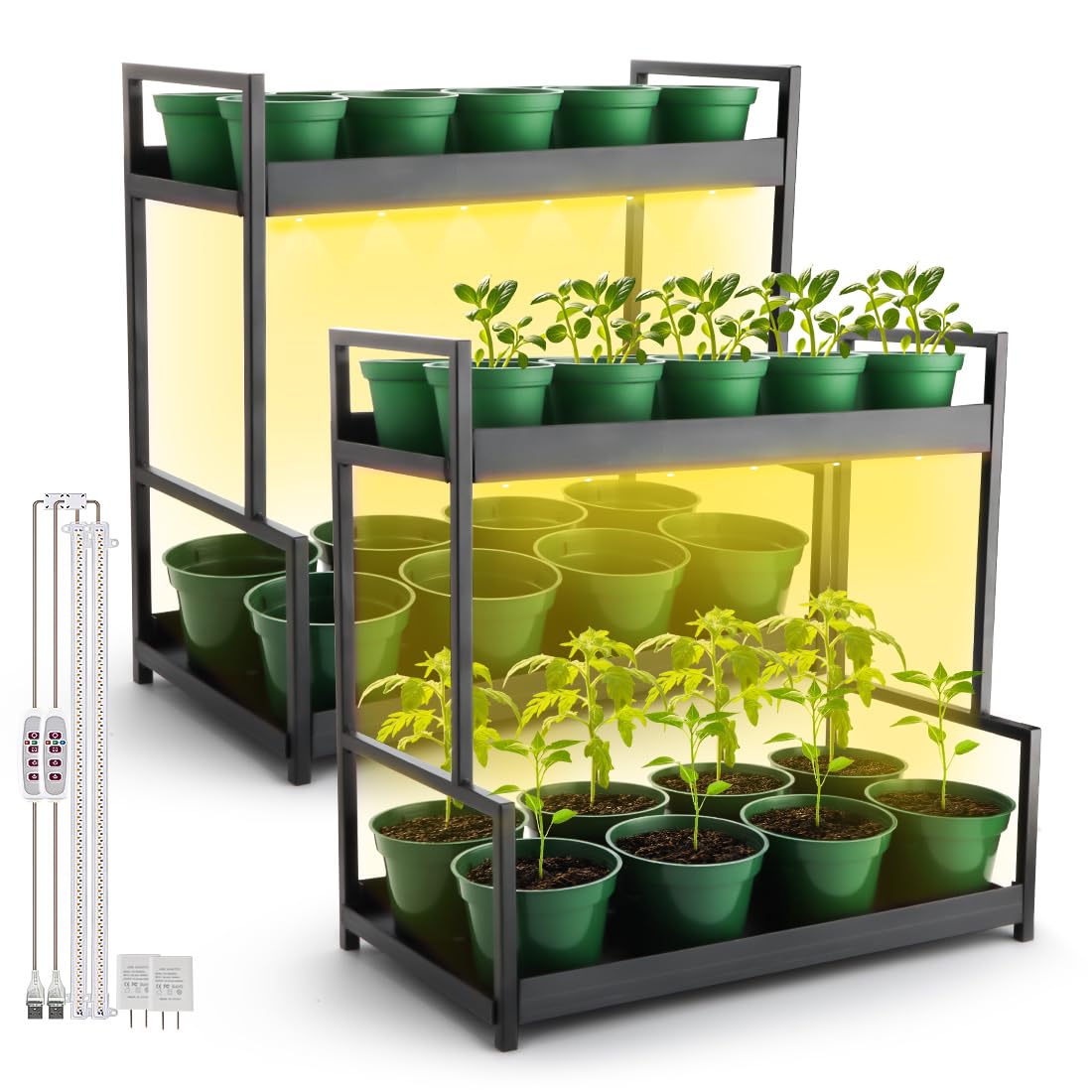 RooTrimmer 2-Pack Dual Tier Plant Stand with Grow Light and Green Plastic Nursery Pots for Plants, Indoor Gardening Kit for Herbs, Succulents, Seedlings & Small Plants Gardening Gifts