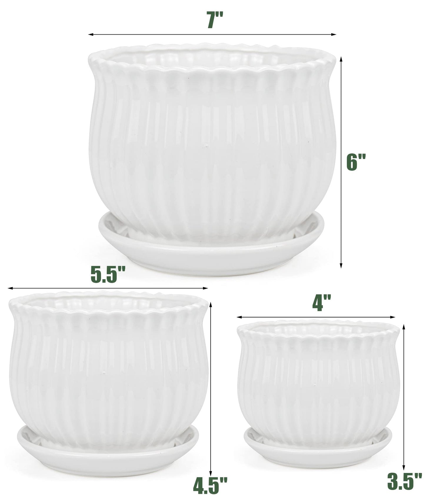 Yesland Ceramic Flower Plant Pots with Saucer, Set of 3 in Different Sizes, Modern Round Ceramic Succulent Planter Pots with White Stripe Texture for Garden