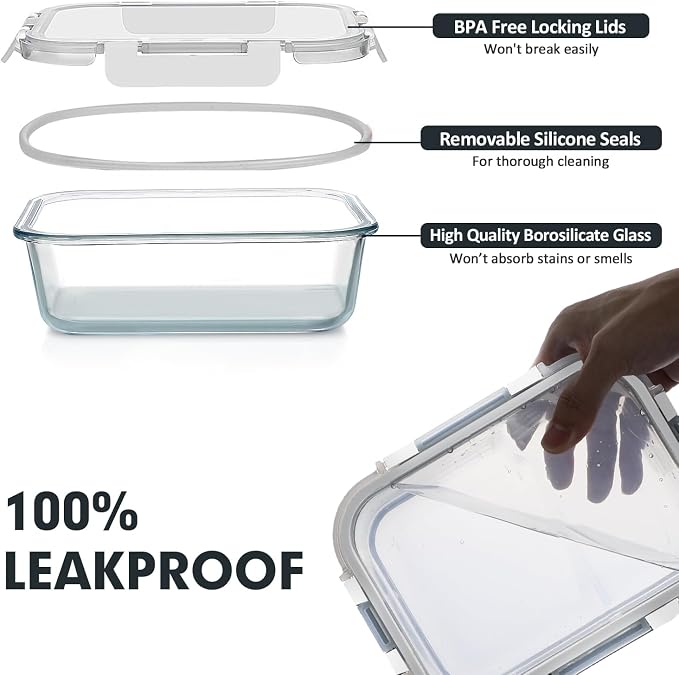 VERONES 30 Pieces Glass Meal Prep Containers Set, Stackable Food Storage Containers with Lids-Airtight Glass Lunch Containers，for Microwave, Oven, Freezer & Dishwasher,White