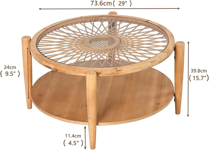 RUSTOWN Rattan Coffee Tables, 2-Tier Round Boho Cocktail Tables, Mid Century