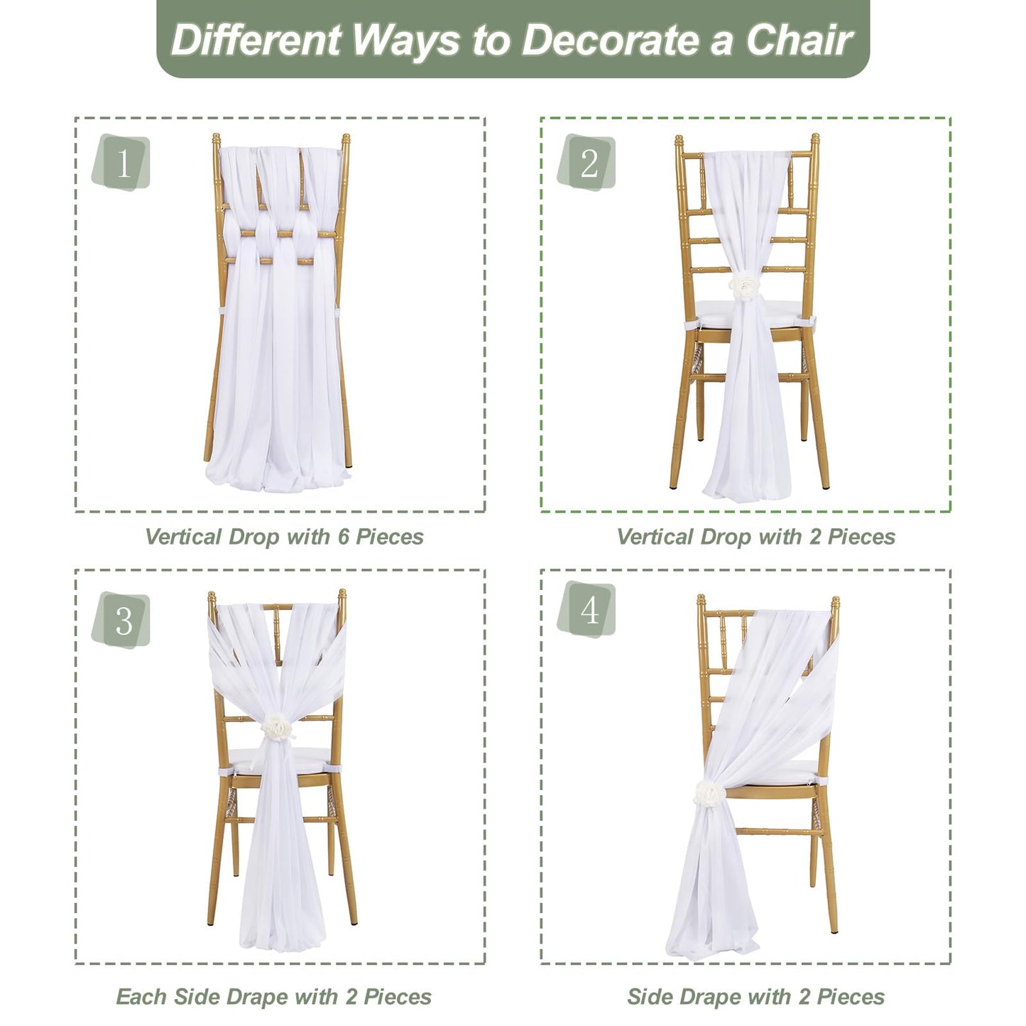Fanqisi White Chair Sashes 16 Packs 8ft Long Aisle Wedding Chair Back Side Decorations Fabric Sheer Church Tulle Chairs Drapes Bulk