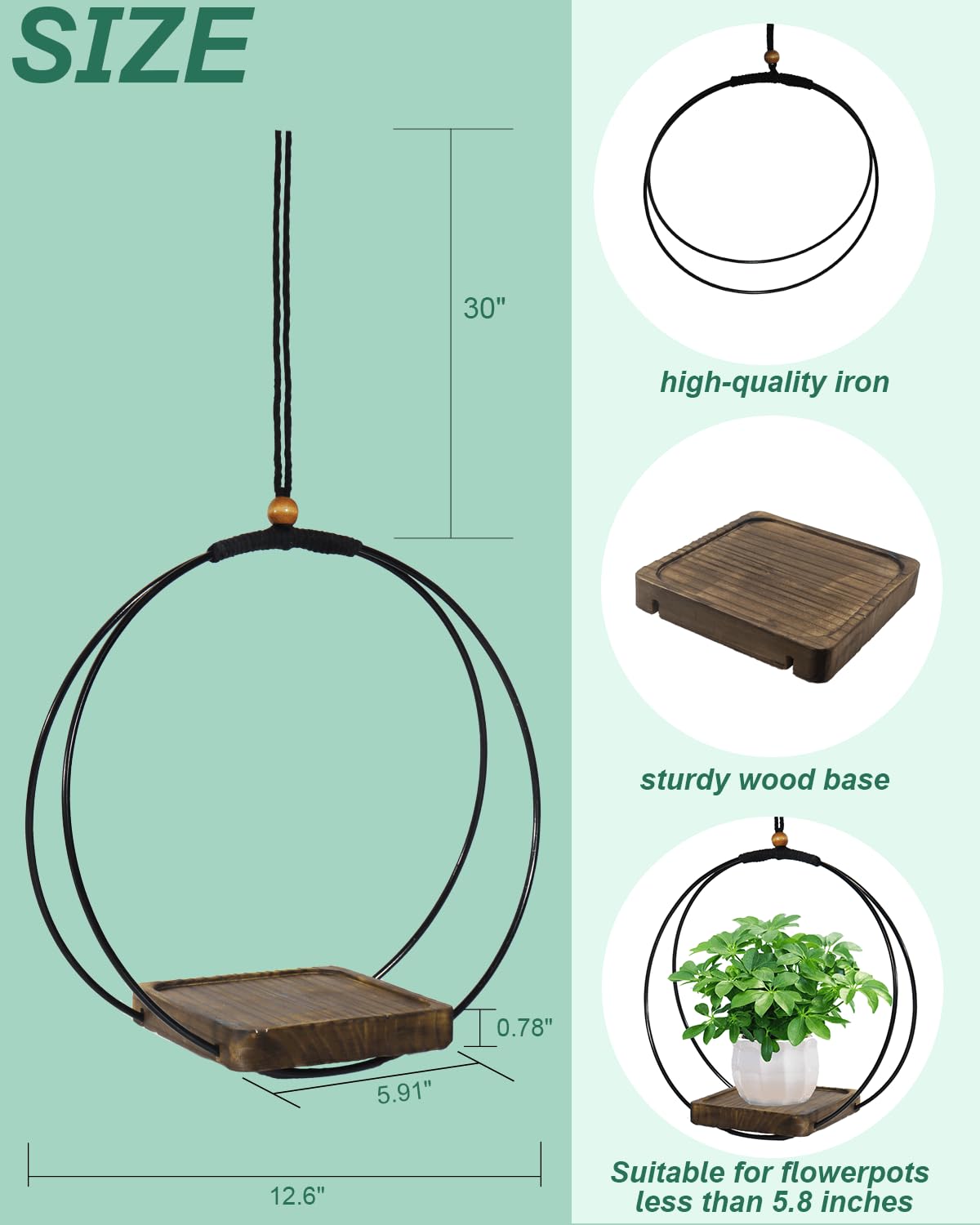 vensovo Hanging Planter for Indoor Plants - 1 pcs Plant Hanger Indoor with Metal Ring and Sturdy Wood Base, Boho Hanging Planter for Wall/Window/Room Decor