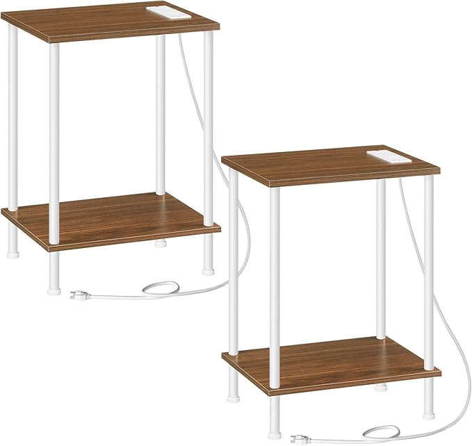 HOOBRO Side Table with Charging Station, Nightstand with 2-Layer Storage Shelves
